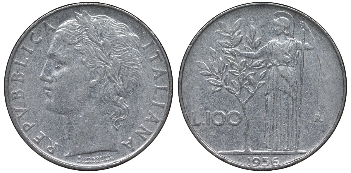 Италия 100 лир 1956 R, Афина в доспехах KM 96.1 нержавеющая сталь 4123-1226