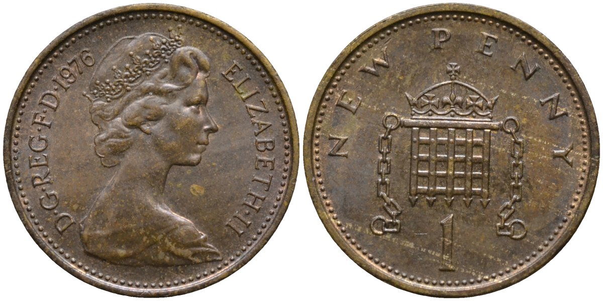 Великобритания 1 пенни 1976 Елизавета II (1952-2022) KM 915, Spink 4237 (B1) бронза 4171-543