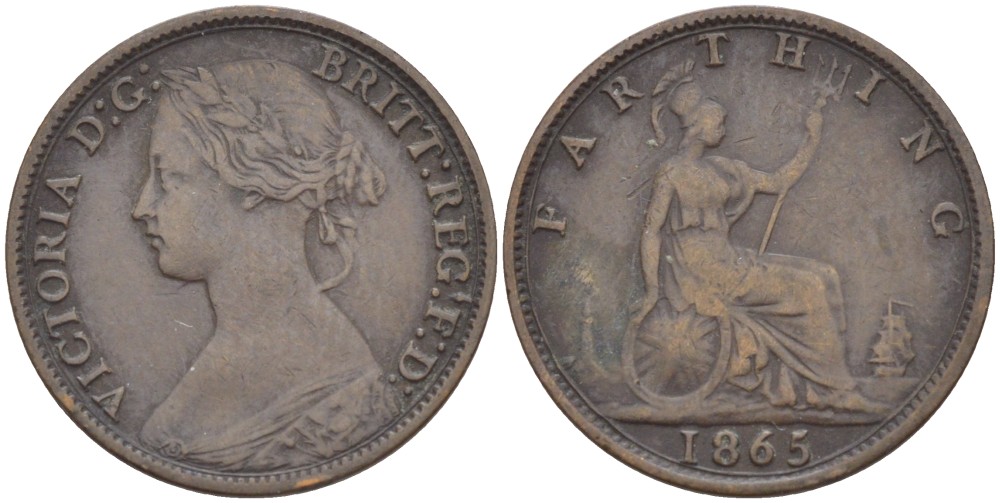 Великобритания 1 фартинг 1865 Виктория (1837-1901) KM 747.2, Spink 3958 бронза 4543-842