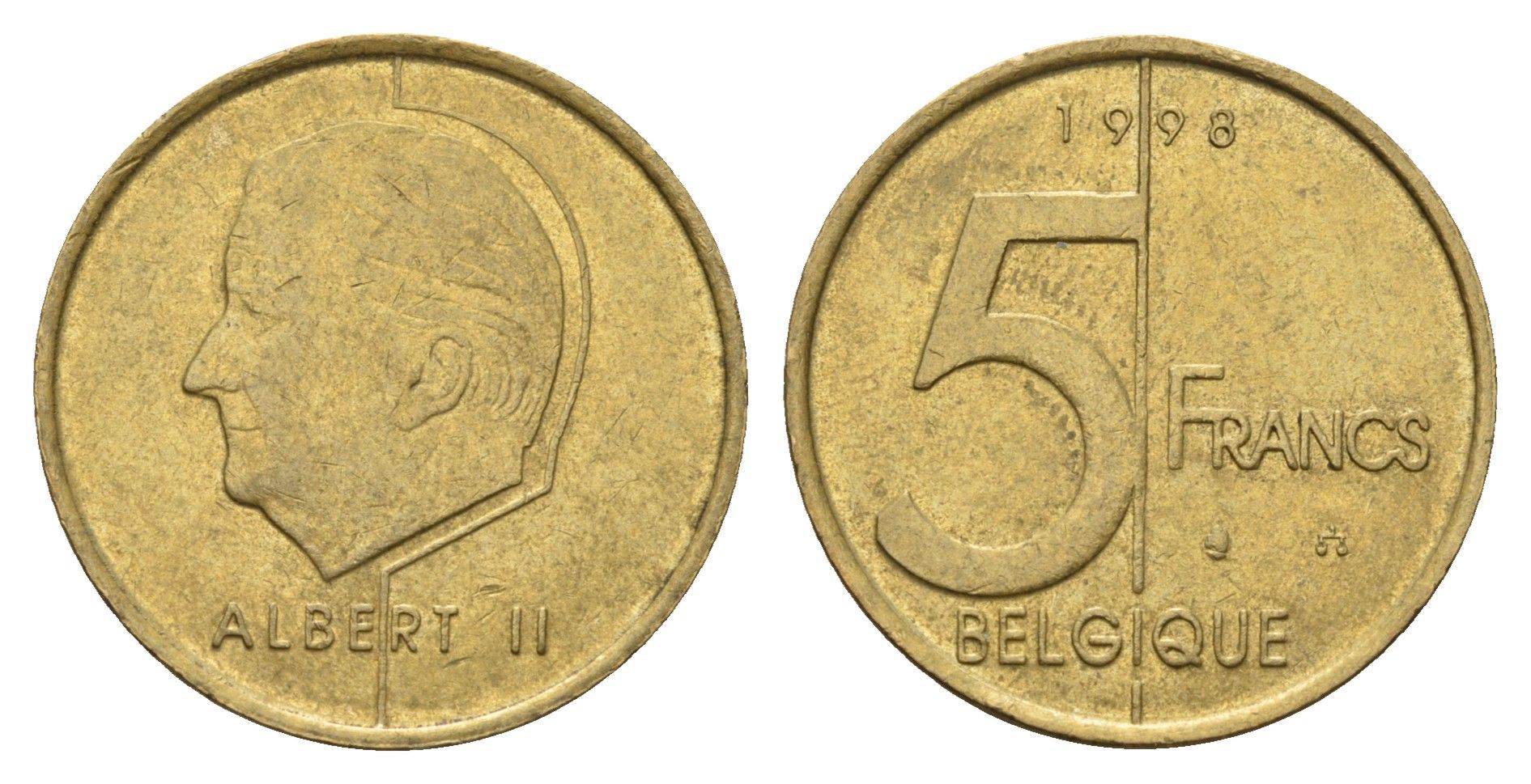 Бельгия 5 франков 1998 Belgique, Альберт II KM 189 алюминиевая бронза 4629-425