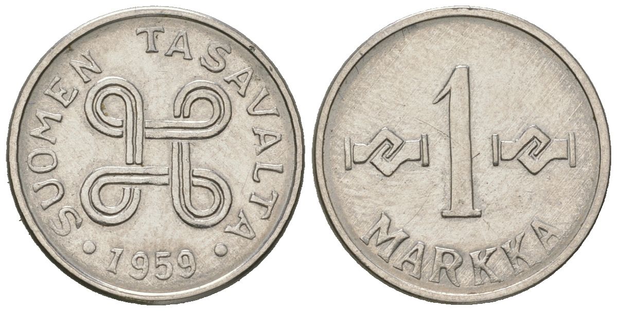 Финляндия 1 марка 1959 KM 36a железо плакированная никелем 4594-365