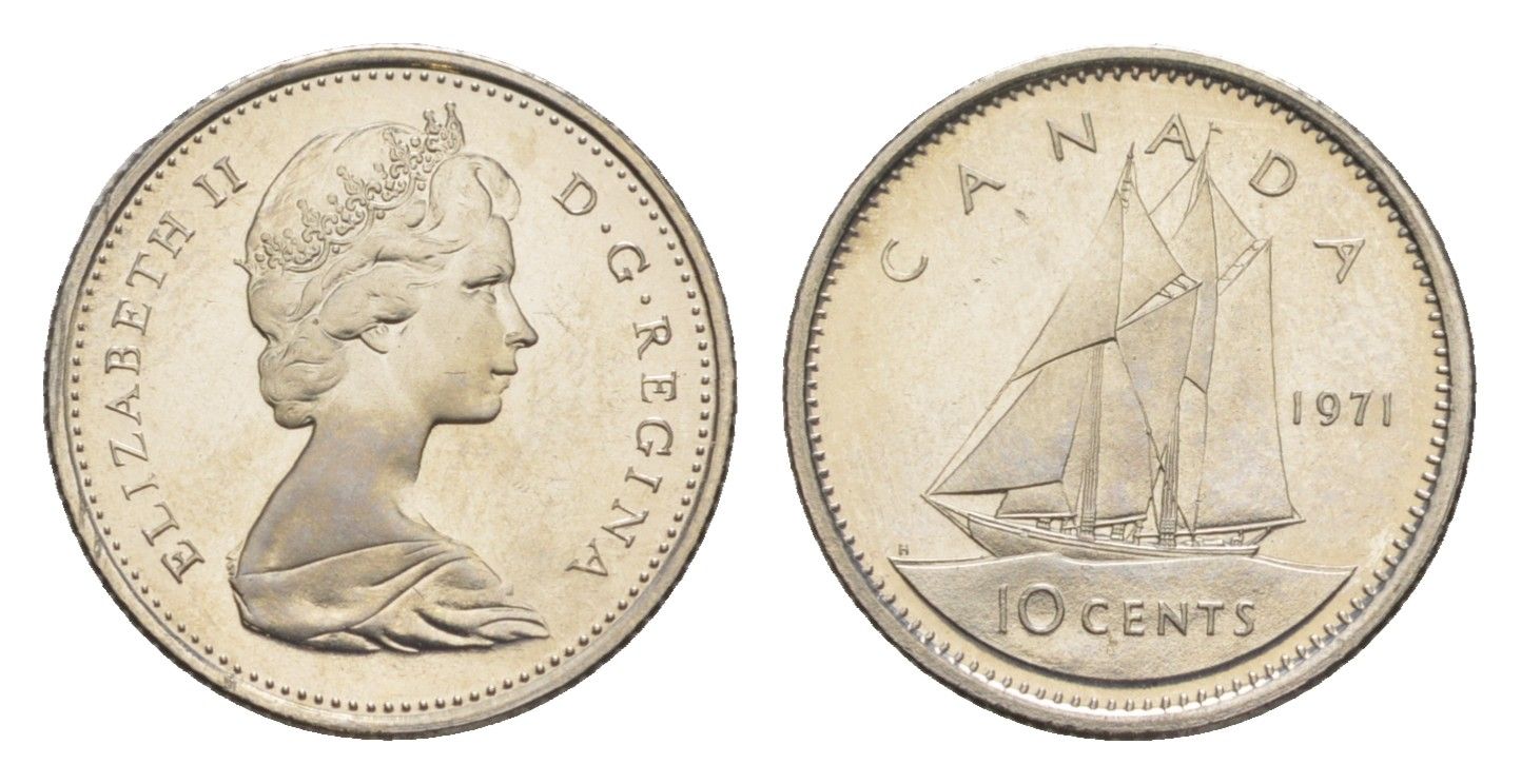 Канада 10 центов 1971 Елизавета II (1952-2022), парусник KM 77 никель PROOF-LIKE (BU) 4630-961
