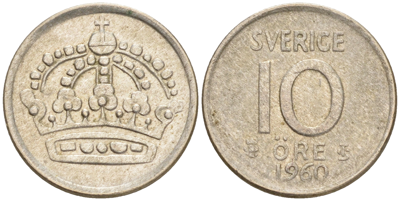 Швеция 10 эре 1960 T;S, Густав VI Адольф (1950-1973) KM 823 серебро 4528-647