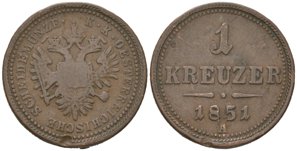 Австрия 1 крейцер 1851 A, Франц Иосиф I (1848-1916) KM 2185 медь 4615-549