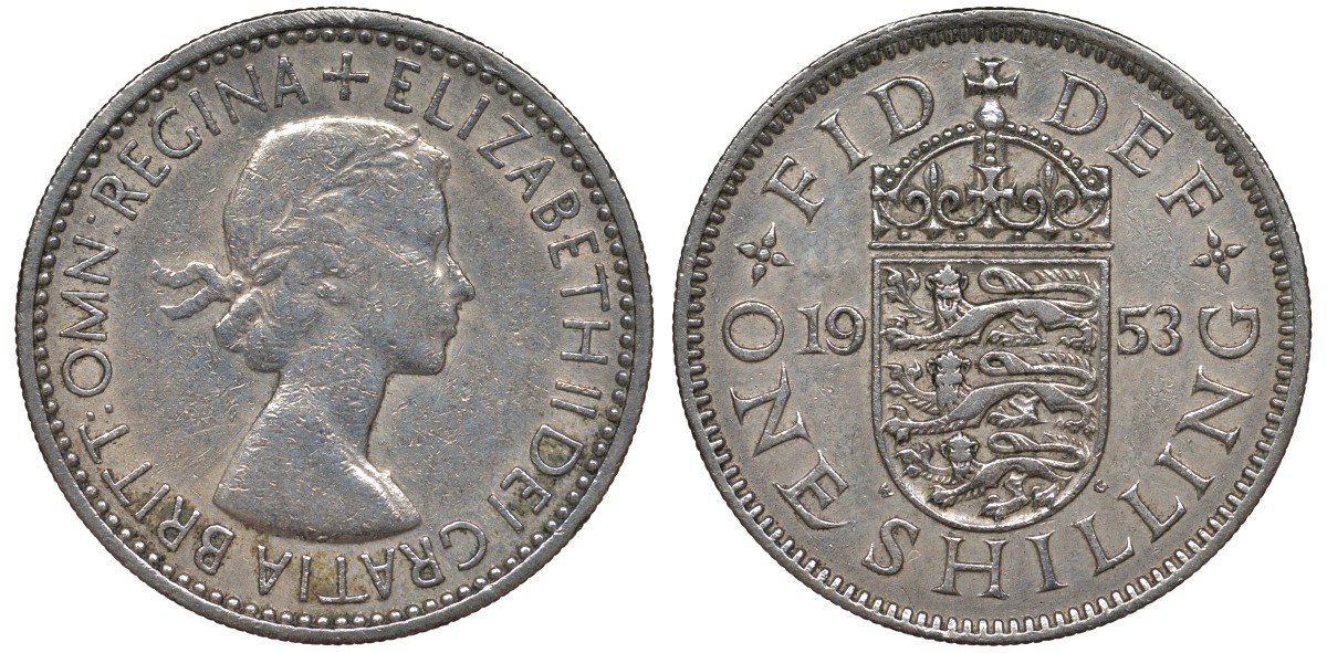 Великобритания 1 шиллинг 1953 Елизавета II (1952-2022), Английский герб KM 890, Spink 4139 медно-никель 4122-542