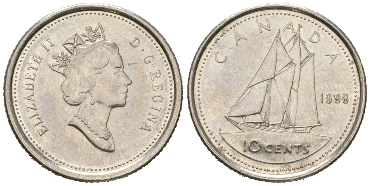 Канада 10 центов 1998 Елизавета II (1952-2022), парусник KM 183 никель 4381-927