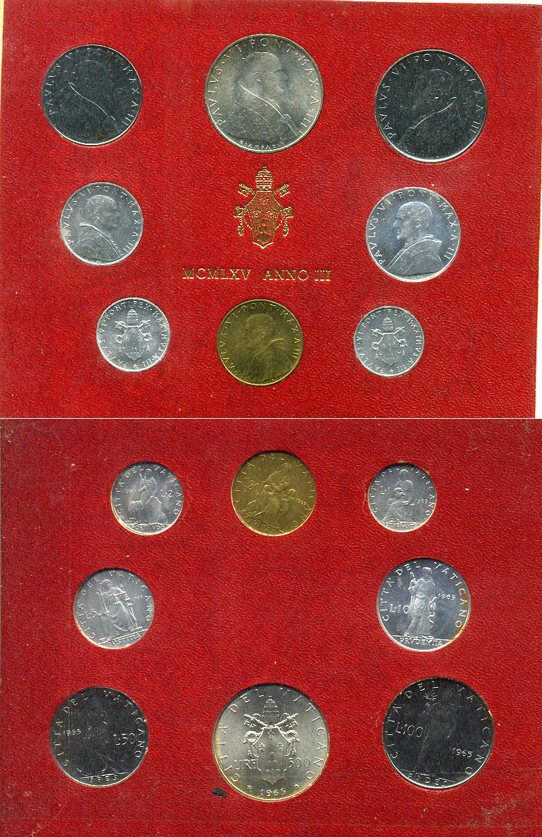 Ватикан набор из 8 монет 1965 1, 2, 5, 10, 20, 50, 100, 500 лир, в оригинальном буклете KM MS69 серебро UNC 8-1-01-12