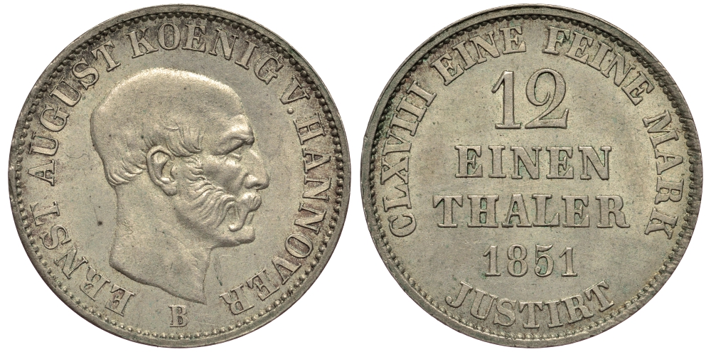 Ганновер 1/12 талера 1851 B, Эрнст Август (1837-1851) KM 206, AKS 115 серебро aUNC 1519-1445