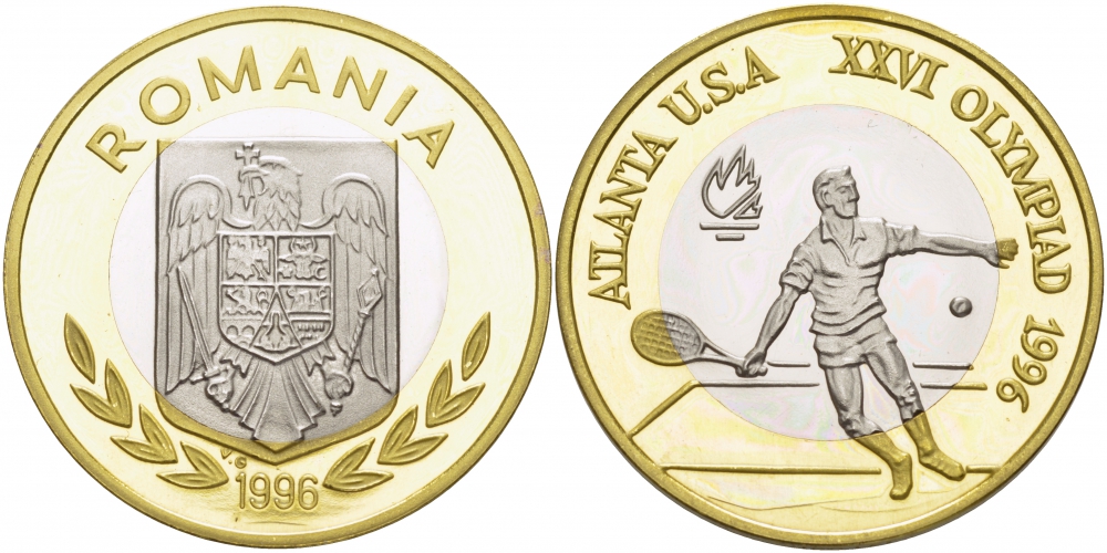 Румыния 100 леев 1996 XXVI Олимпийские игры 1996 года в Атланте, 100 лет Олимпийскому движению, большой теннис, пробный выпуск KM PnB 315.C биметалл  PROOF  11-204-31