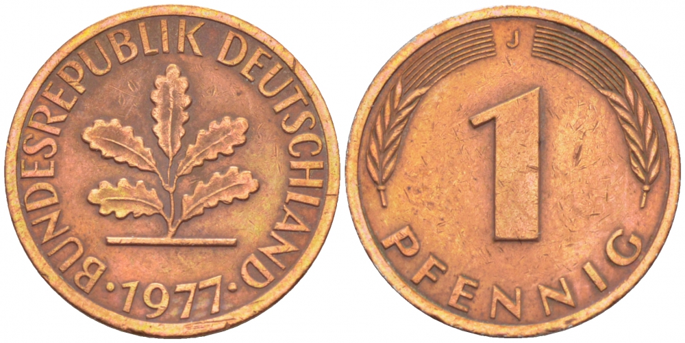 ФРГ 1 ПФЕННИГ 1977 J KM 105, J.380 сталь плакированная медью 4396-1527