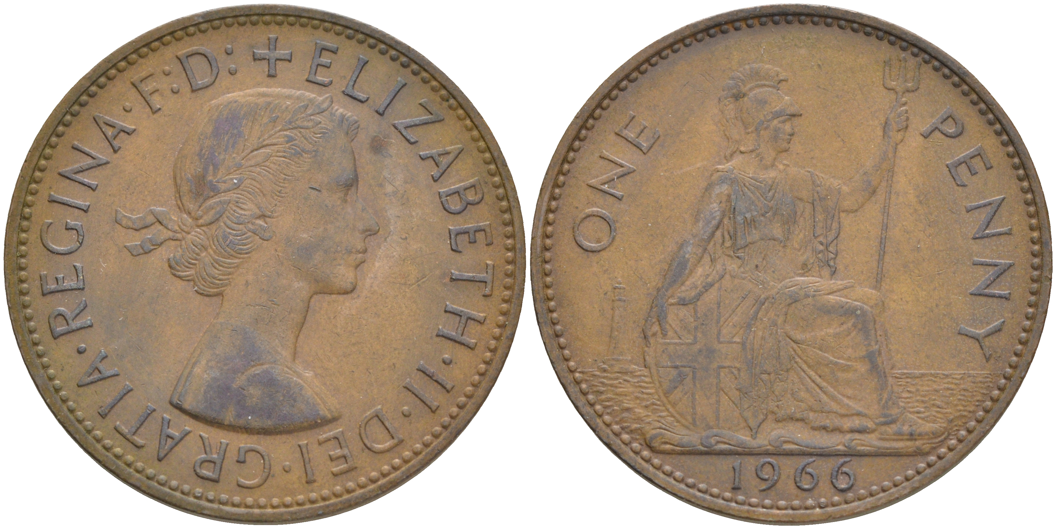 Великобритания 1 пенни 1966 Елизавета II (1952-2022) KM 897, Spink 4157 бронза 4557-1021