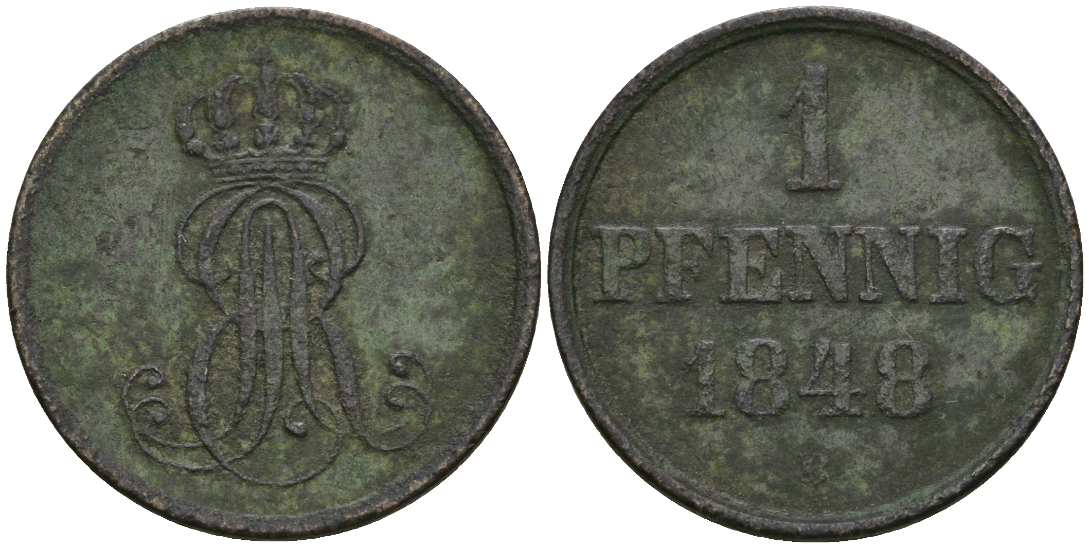 Ганновер 1 пфенниг 1848 B, Эрнст Август (1837-1851) KM 201.1, AKS 129, J. 74 медь 08-1425