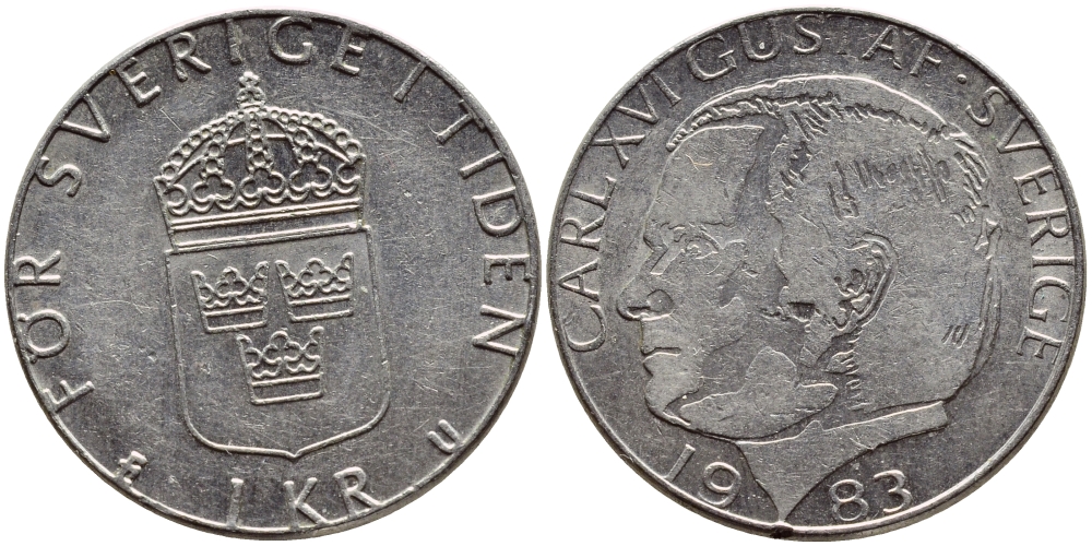 Швеция 1 крона 1983 Карл XVI Густав (1973- ) KM 852a медно-никель 4397-1111