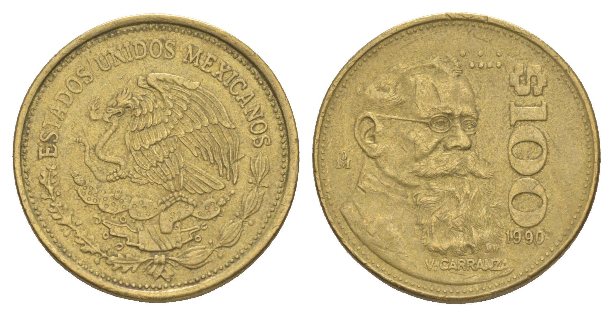 Мексика 100 песо 1990 Мо, Венустиано Карранса де ла Гарса KM 493 алюминиевая бронза 4166-1153