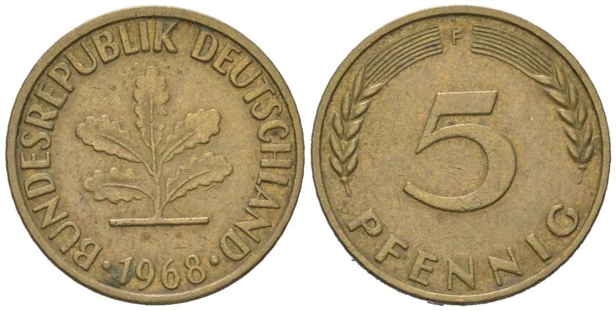 ФРГ 5 пфеннигов 1968 F KM 107, J. 382 сталь плакированная латунью 4147-219