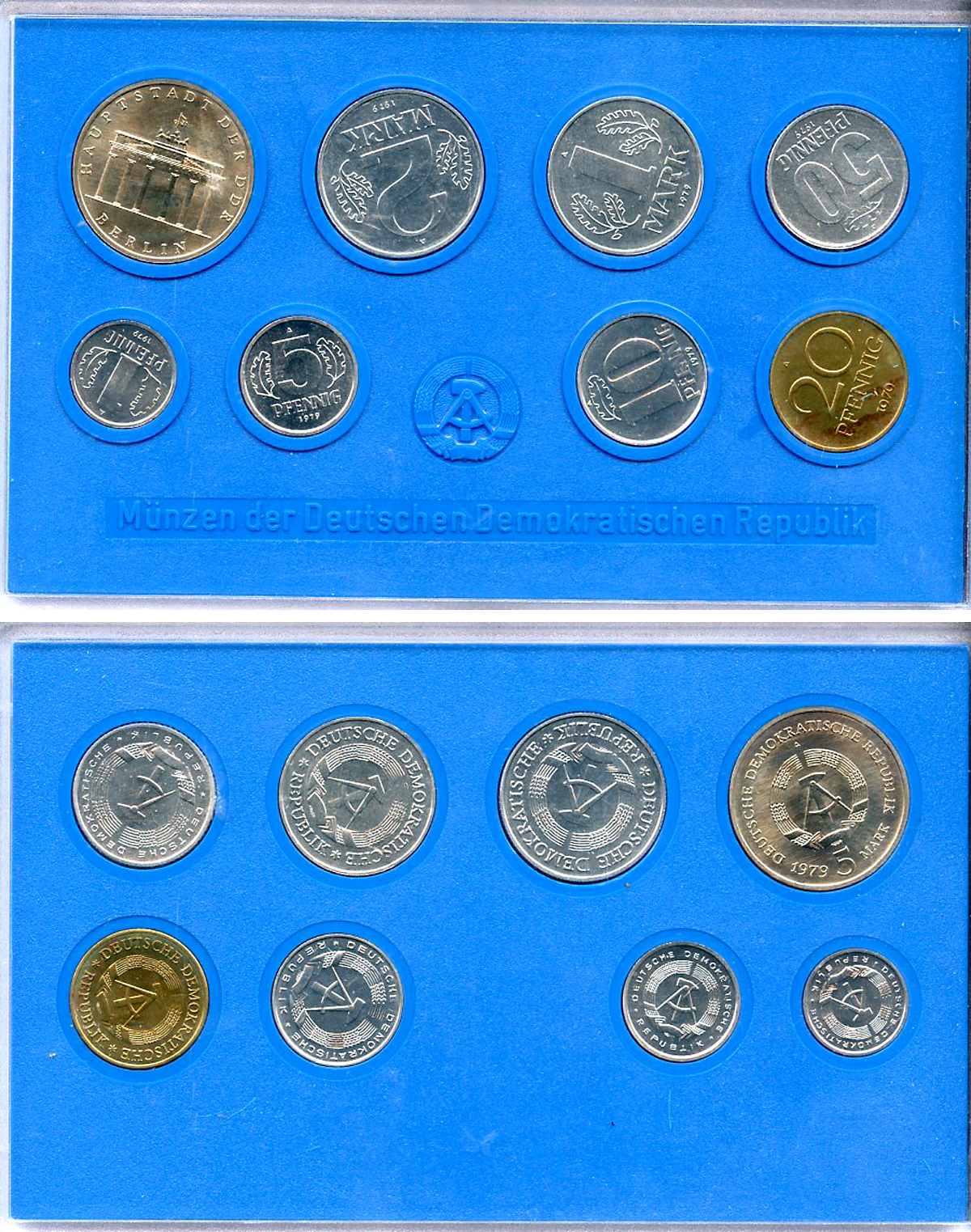 ГДР официальный набор из 8 монет включая 5 марок Бранденбургские ворота 1979 тираж 26000 экземпляров, твердый пластик KM MS1   UNC  1181-4-17