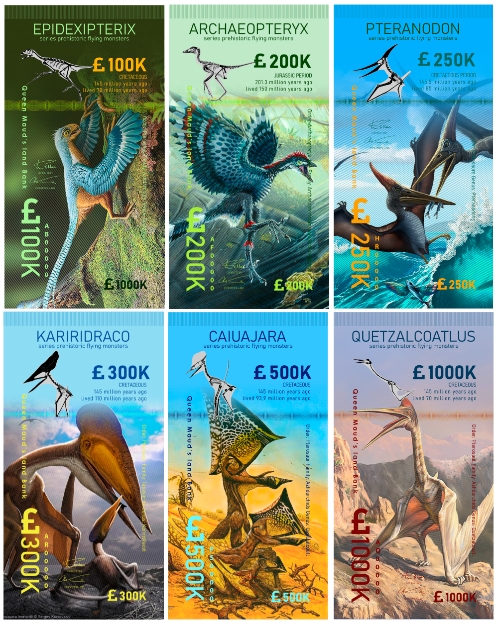 Земля Королевы Мод набор из 6 банкнот ND доисторические летающие ящеры (динозавры)   полимерная бумага  UNC (пресс) 448-59-2