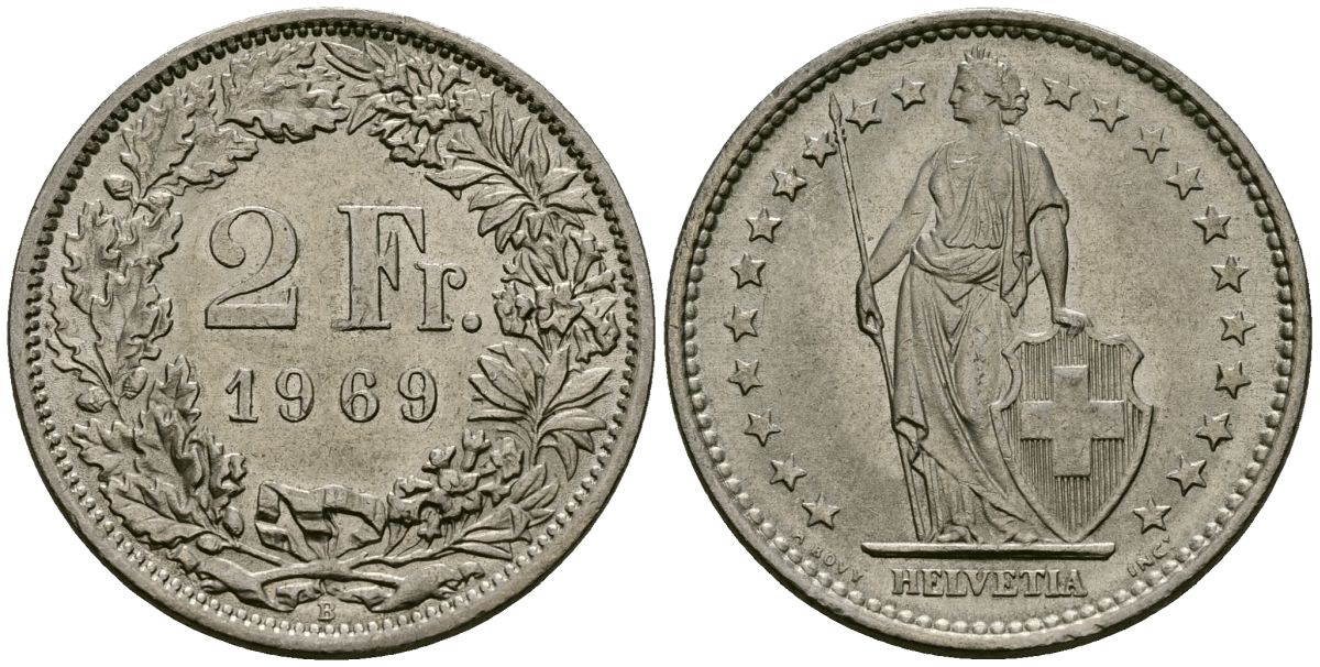 Швейцария 2 франка 1969 B KM 21a медно-никель 4171-1227