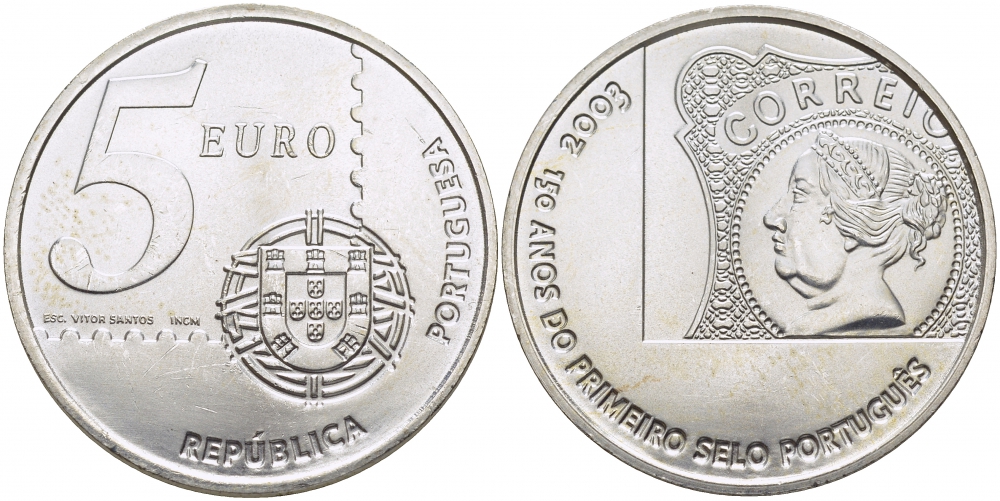 Португалия 5 евро 2003 150 летие первой Португальской марке KM 749 серебро UNC 3896-1125