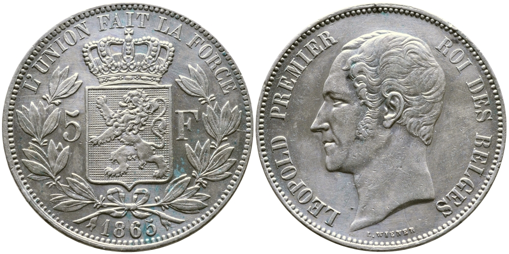 Бельгия 5 франков 1865 Леопольд I (1831-1865) KM 17 серебро 00-1067-6-31