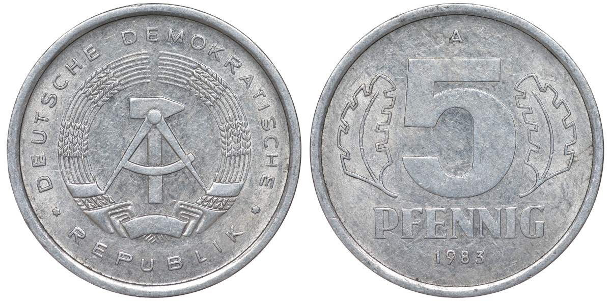 ГДР 5 ПФЕННИГОВ 1983 A КМ 9.2 алюминий 62-454