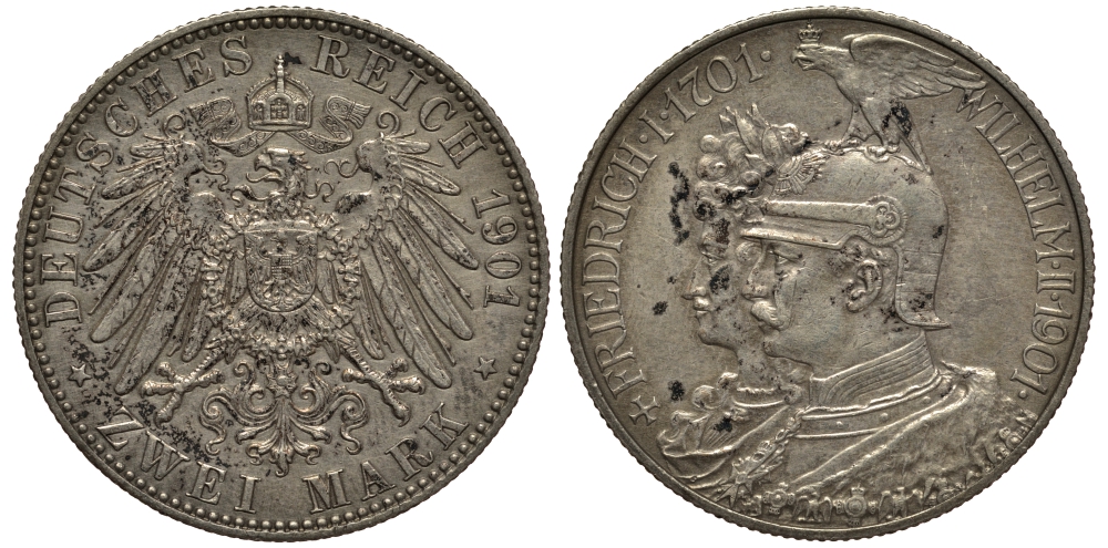 Пруссия 2 марки 1901 A, 200 лет Прусской королевской династии (Фридрих I - Вильгельм II) J.105, Weege 105, KM 525 серебро 3711-1031