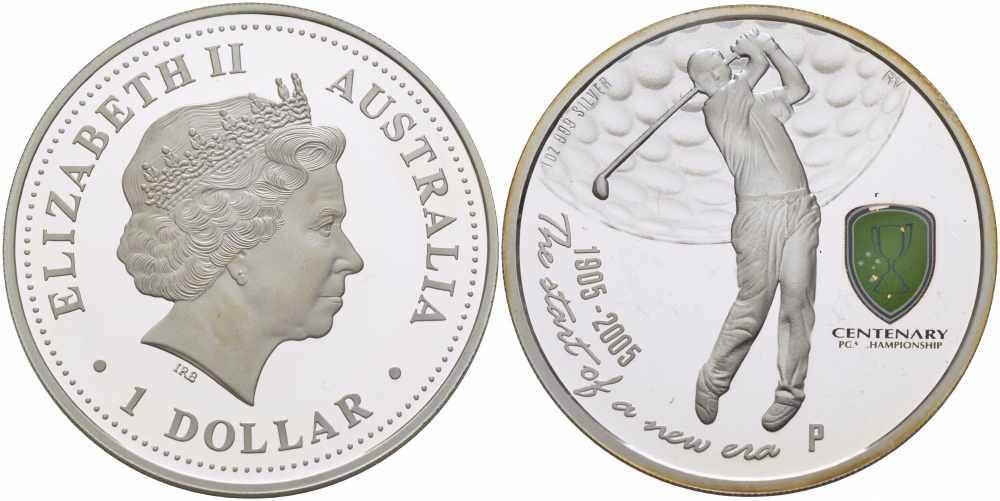 Австралия 1 доллар 2005 100 лет чемпионату мира по гольфу среди профессионалов (Professional Golfer's Association Championship), тираж 7500 экземпляров KM 831 серебро PROOF 1081-4-11