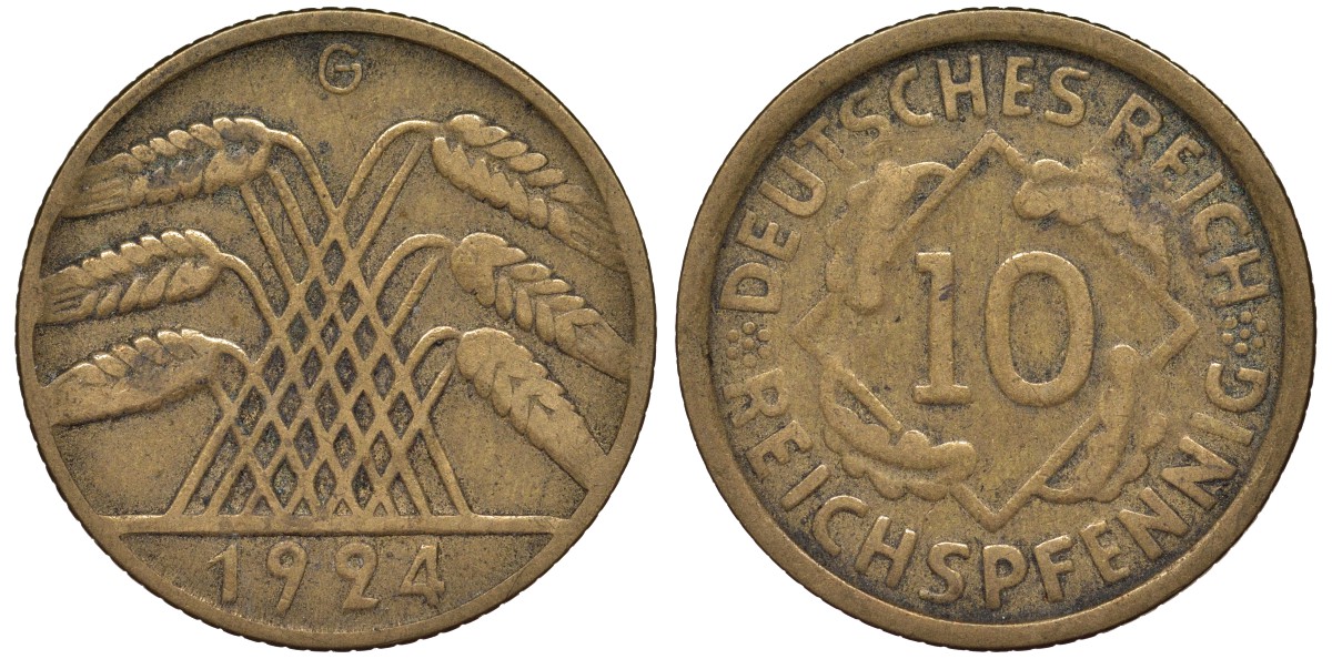 Германия 10 рейхспфеннигов 1924 G KM 40, J. 317, Weege 9 алюминиевая бронза 4163-224