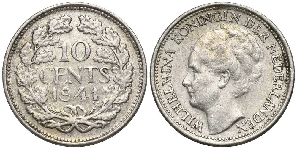Нидерланды 10 центов 1941 Вильгельмина I (1890-1948) КМ 163 серебро 4549-1054