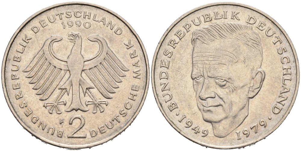 ФРГ 2 МАРКИ 1990 F, КУРТ ШУМАХЕР KM 149, J. 424 медно-никель плакированный никелем 4511-111