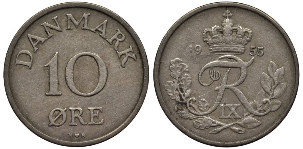 ДАНИЯ 10 ЭРЕ 1955 N; S, ФРЕДЕРИК IX (1947-1972) KM 841.1 медно-никель 4549-911