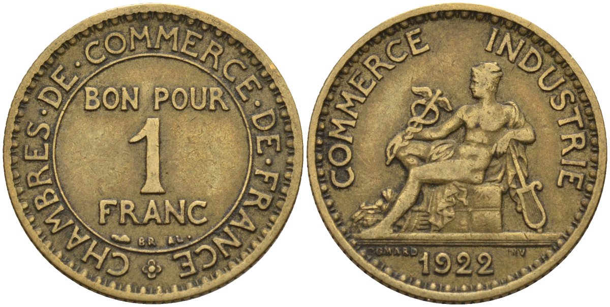 Франция 1 франк 1922 KM 876, Le Franc 218.5 алюминиевая бронза 4142-625