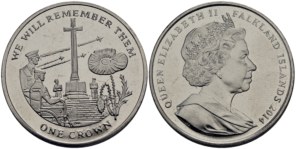 Фолклендские острова 1 крона 2014 в память героев первой мировой войны, военный мемориал Содружества KM 176 медно-никель  UNC 4386-624