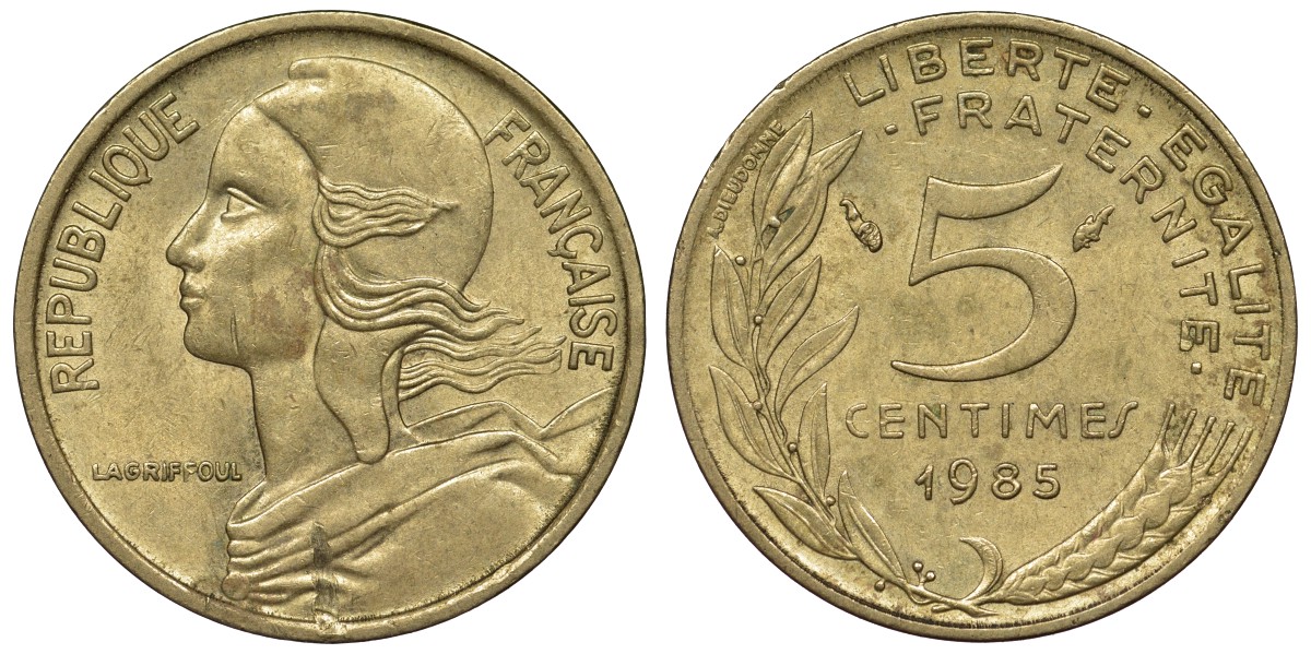 Франция 5 сантимов 1985 тип Marianne KM 933, Le Franc 125.21 медь алюминий никель 4124-336