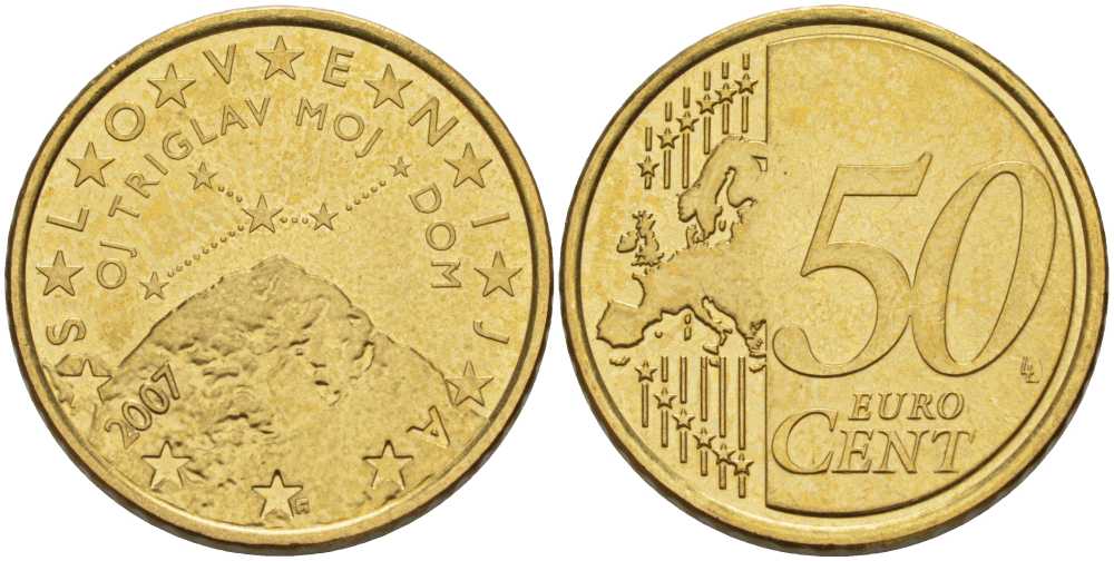 СЛОВЕНИЯ 50 ЕВРОЦЕНТОВ 2007 ГОРЫ И ЗВЁЗДЫ KM 73 латунь UNC 98-1141