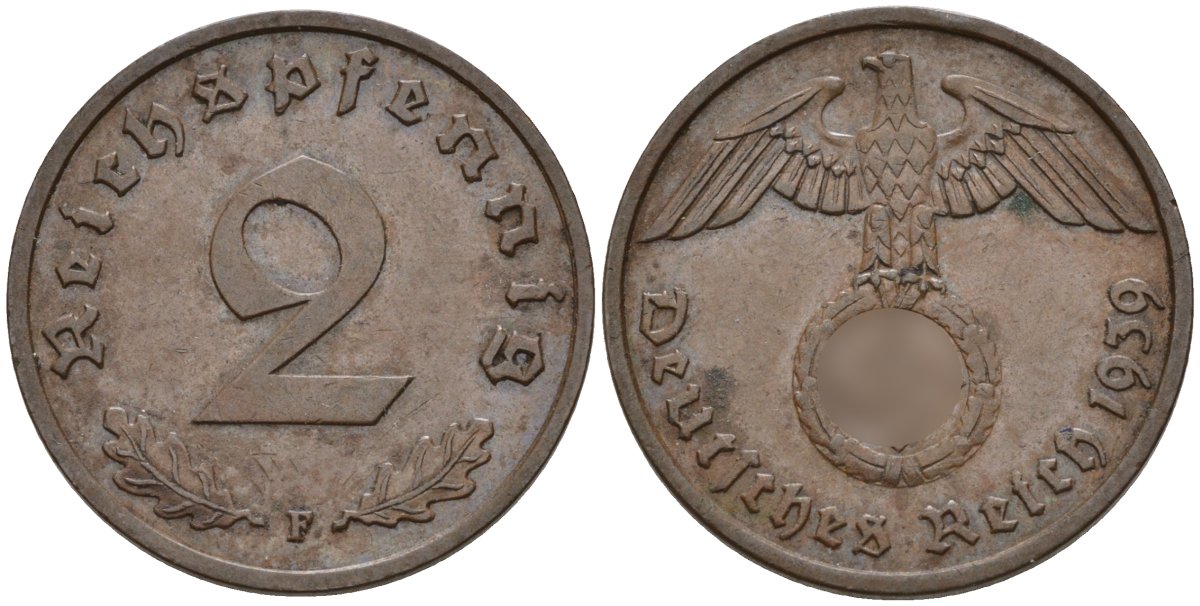 Германия 2 рейхспфеннига 1939 F KM 90, J. 362 бронза 4151-148