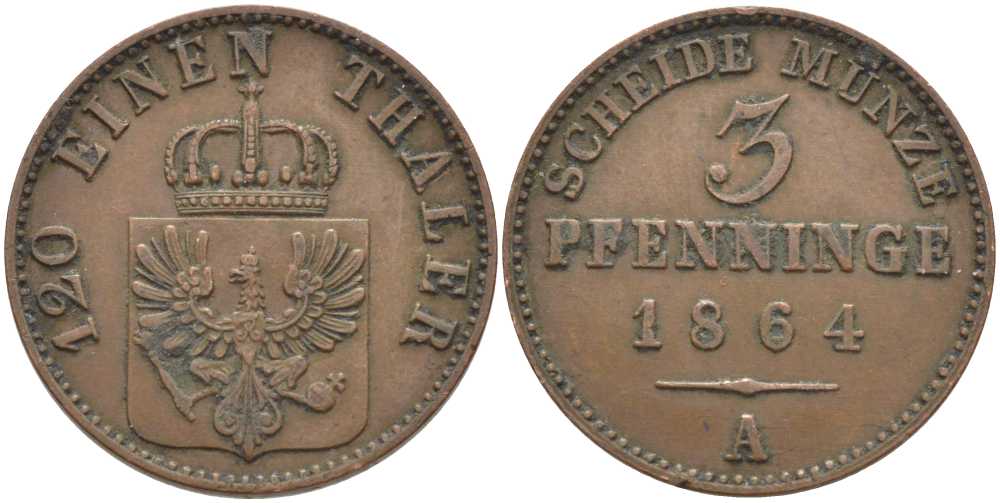 ПРУССИЯ 3 ПФЕННИГА 1864 А, ВИЛЬГЕЛЬМ I (1861-1888) KM 482 медь 117-1057