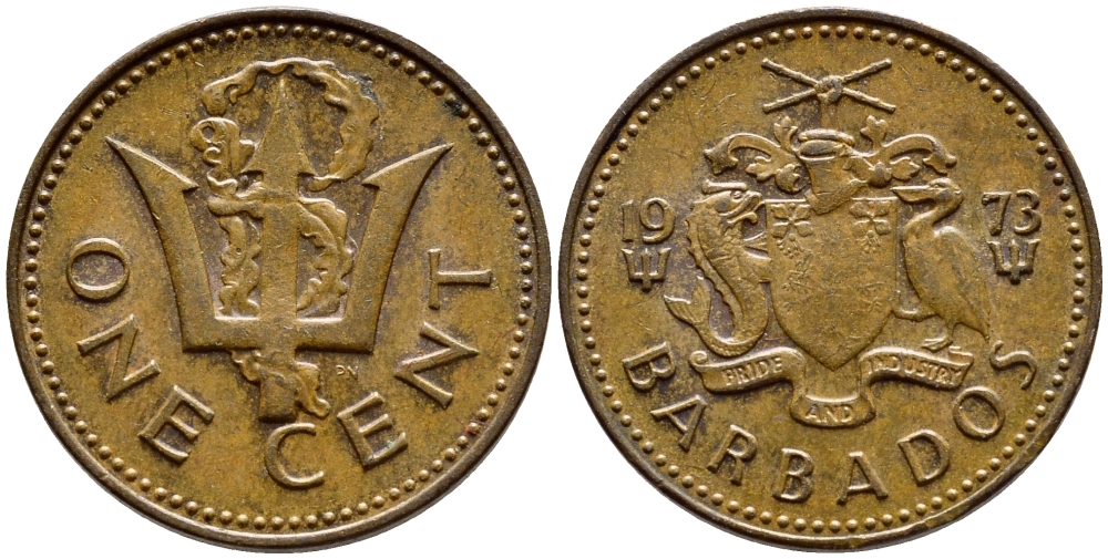 Барбадос 1 цент 1973 сломанный трезубец Британии KM 10 бронза 4396-1243