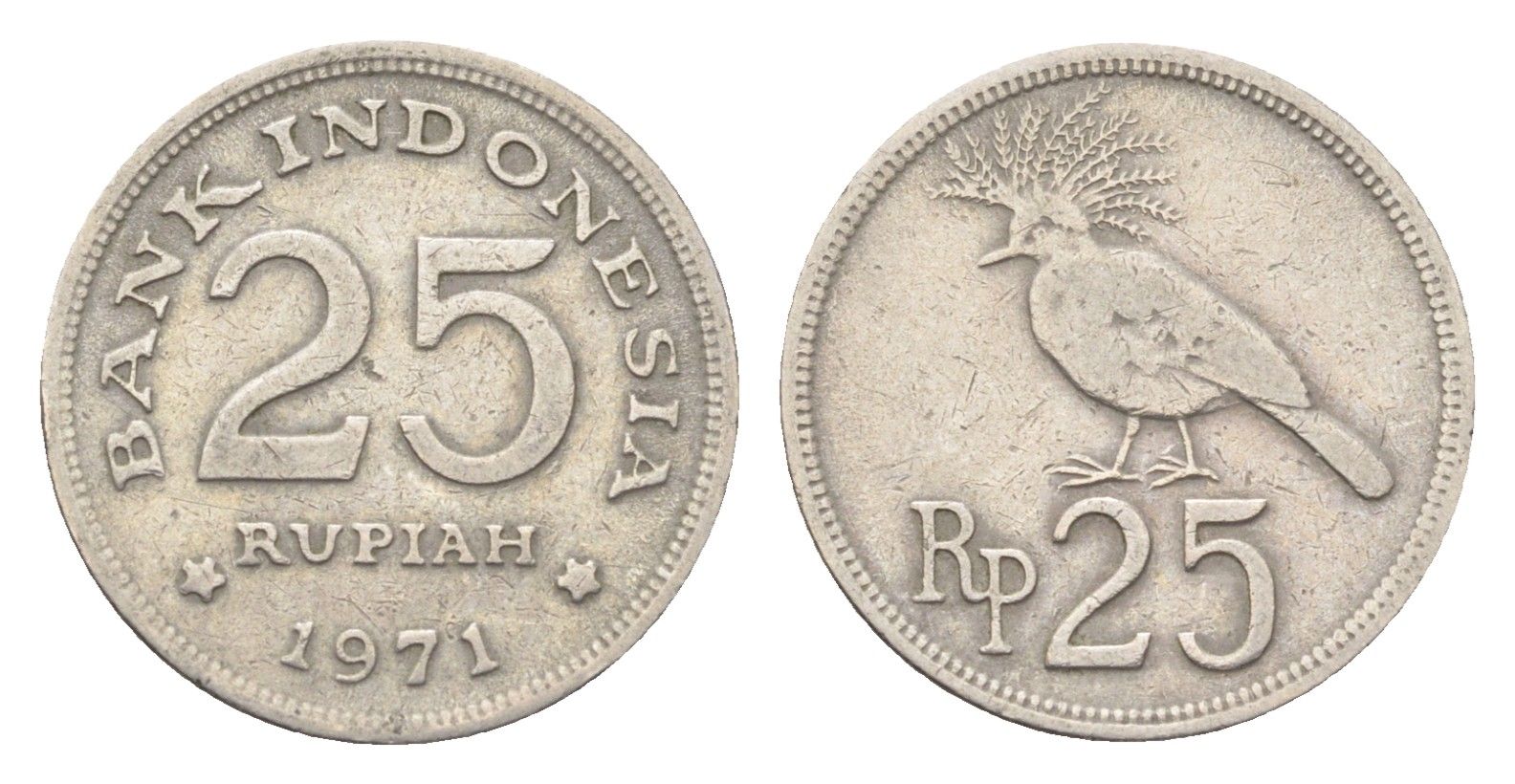 Индонезия 25 рупий 1971 венценосный голубь KM 34 медно-никель 4705-413