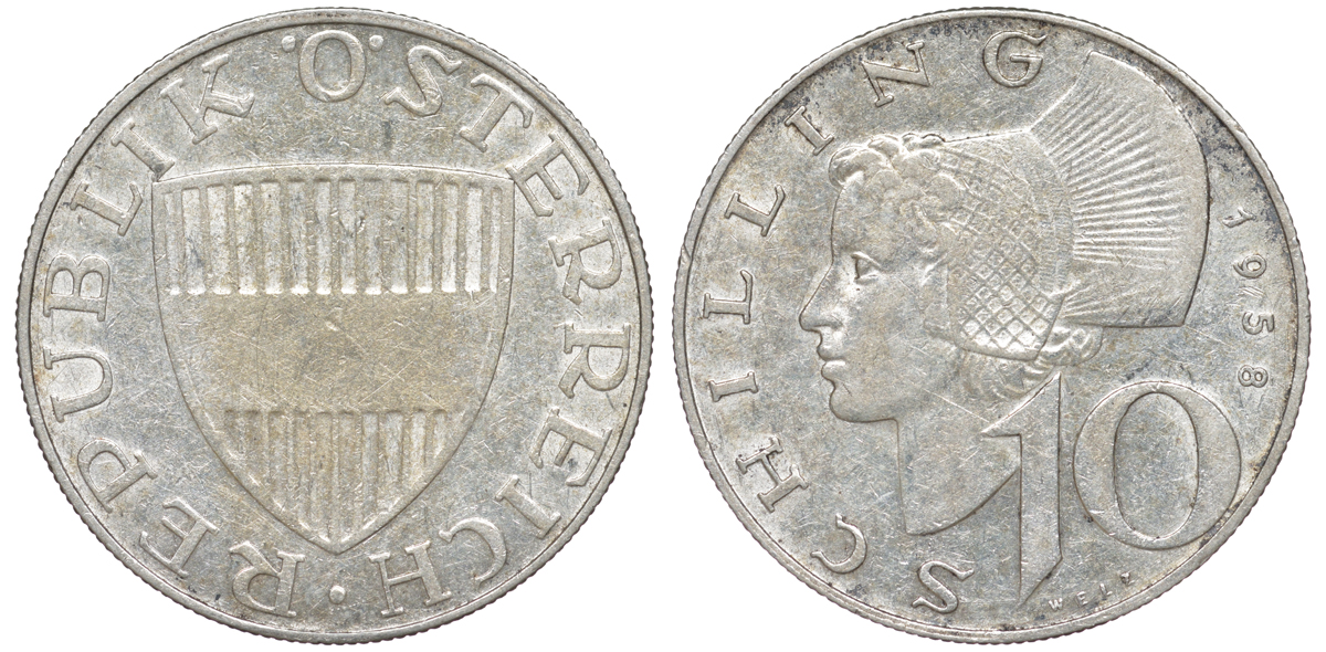 Австрия 10 шиллингов 1958 KM 2882 серебро 4178-1136