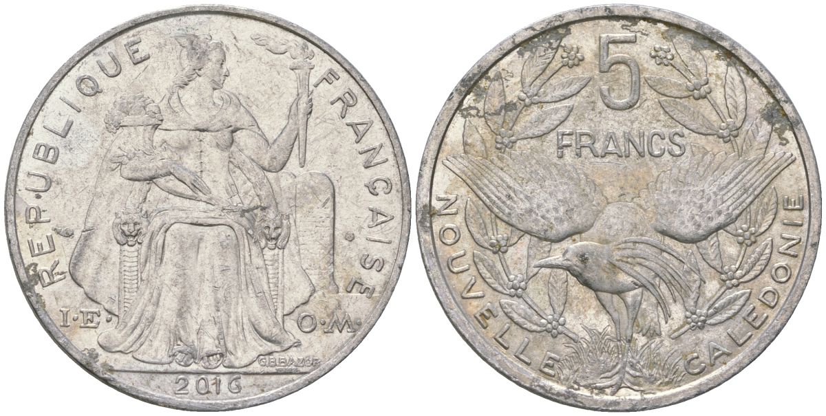 Французская Новая Каледония 5 франков 2016 птица кагу, (IEOM) KM 16, Schoen 12, Lec 81k алюминий 4117-1145