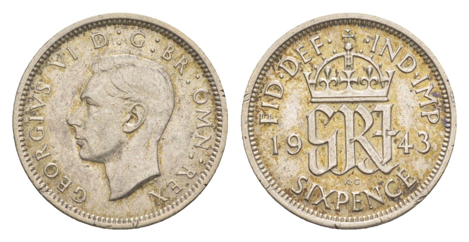 Великобритания 6 пенсов 1943 Георг VI (1936-1952) KM 852, Spink 4084 серебро 4636-234