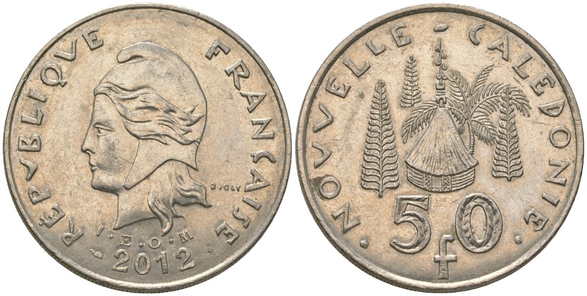 Французская Новая Каледония 50 франков 2012 хижина среди сосен и пальм, (IEOM) KM 13a, Schoen 15a, Lec 128i медно-никель 115-1133