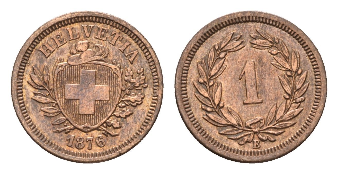 Швейцария 1 раппен 1876 B KM 3.1 бронза 1530-1142