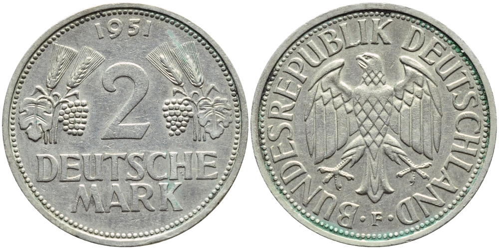 ФРГ 2 марки 1951 F КМ 111 J.386 медно-никель плакированный никелем 85-444