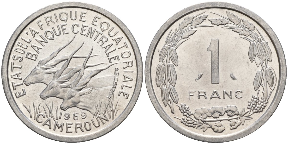 Экваториальные Африканские штаты, Камерун 1 франк 1969 антилопы KM 6 алюминий UNC 4142-532