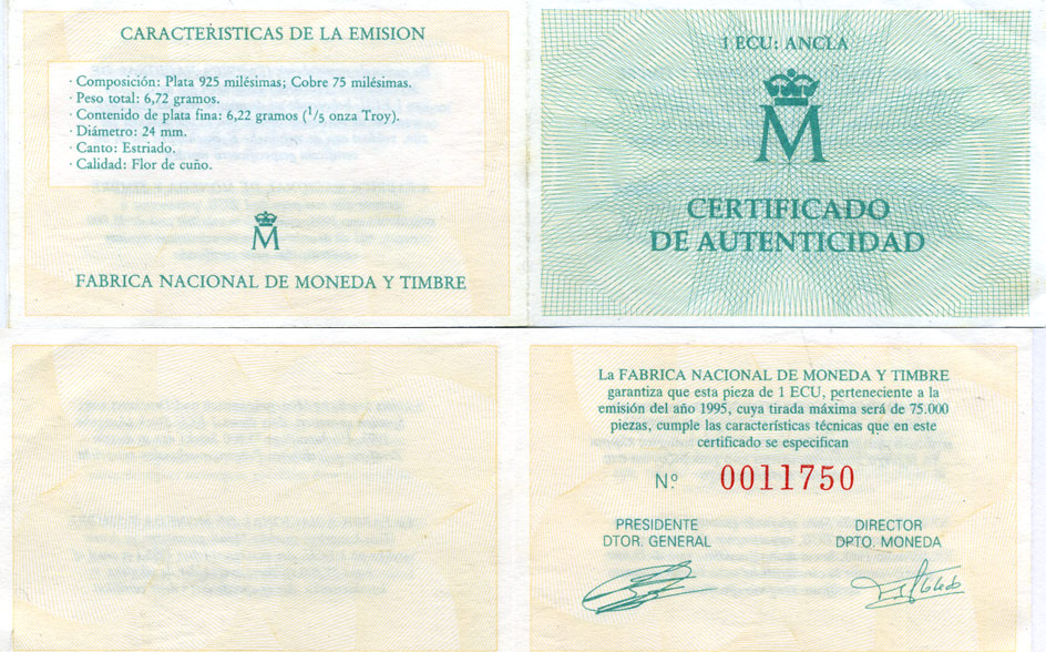 Испания 1 экю 1995 Марина-Эспаньола, в оригинальной деревянной коробке, с сертификатом  серебро  PROOF  4-3-1-09