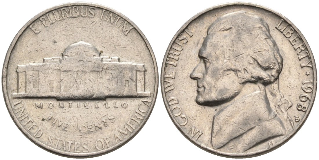 США 5 центов 1968 S, Джефферсон KM А192 медно-никель 92-1142