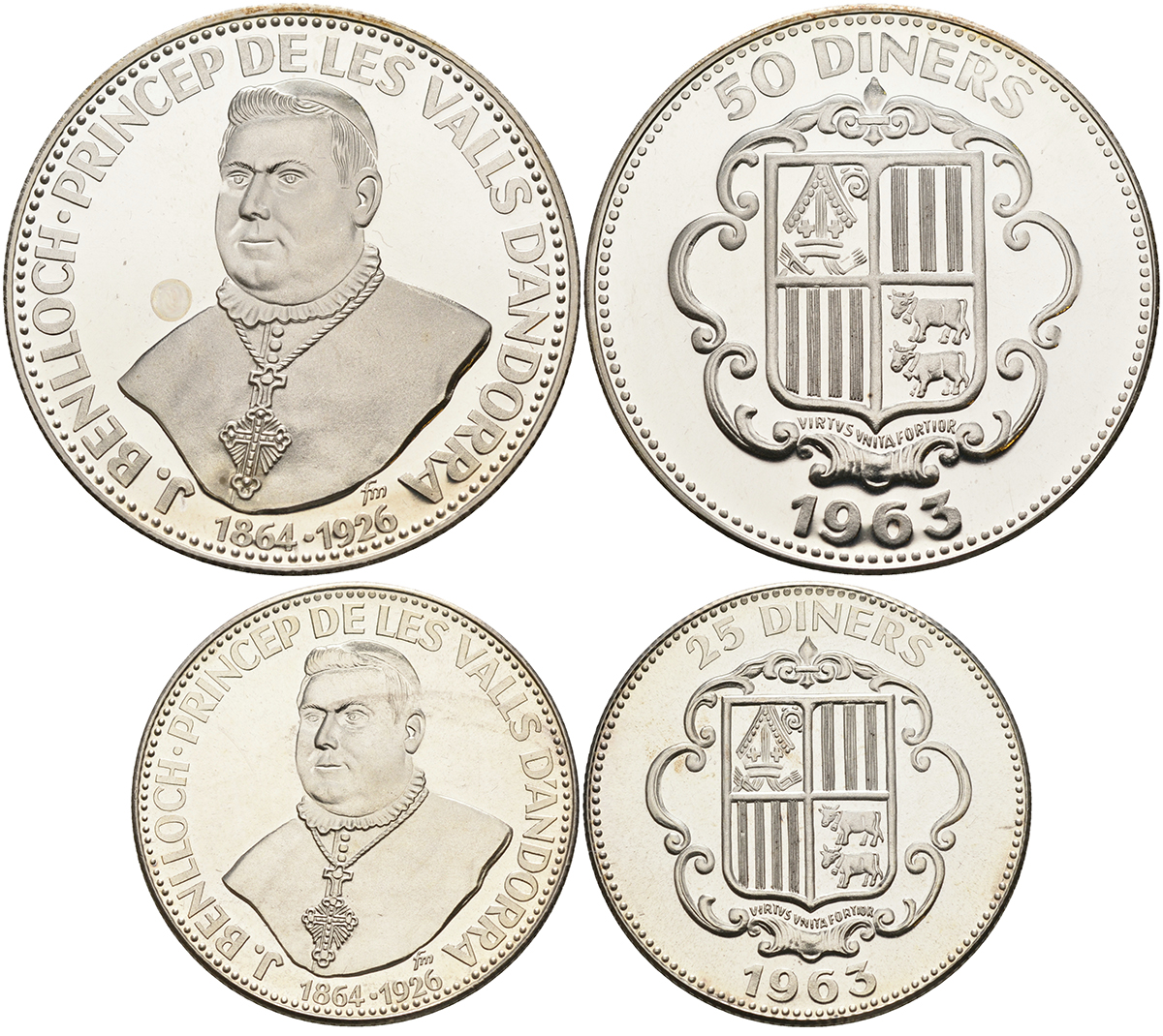 Андорра 25 и 50 динеров 1963 кардинал Хуан Батиста Бенльок-и-Виво, тираж 1350 и 3350 экз. KM X 7, X 8 серебро PROOF 1095-1-43