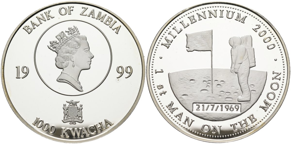 Замбия 1000 квача 1999 миллениум, 30 лет первый человек на Луне (1969-1999) KM 176 серебро PROOF 04-317-43